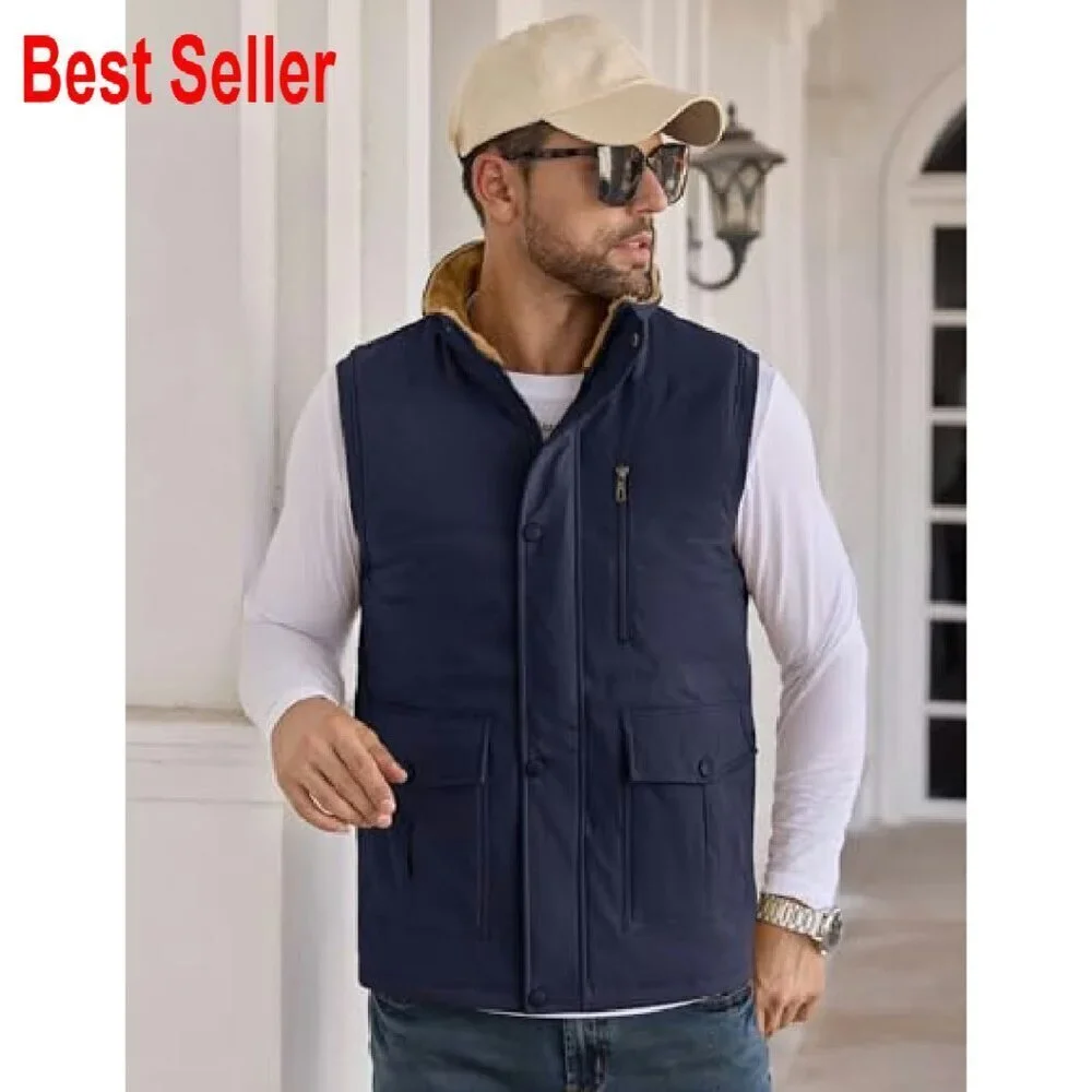 Men's Quilted Puffer Vest Fleece Lined Sherpa Casual Outdoor Winter Wear